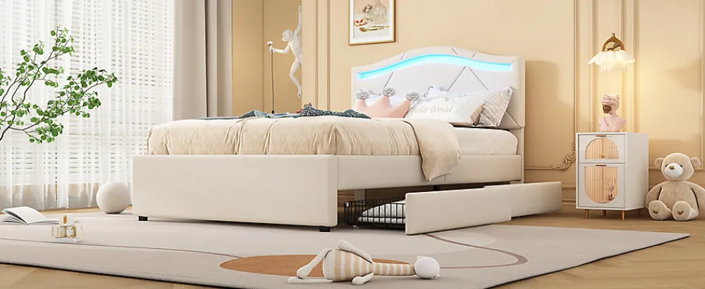 Lit rembourré 90x200cm beige avec télécommande LED, tête réglable et 2 tiroirs, style minimaliste>Simple Life Hot