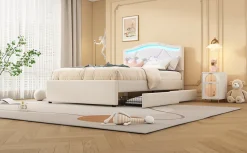 Lit rembourré 90x200cm beige avec télécommande LED, tête réglable et 2 tiroirs, style minimaliste><noscript><img width=