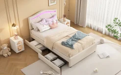 Lit rembourré 90x200cm beige avec télécommande LED, tête réglable et 2 tiroirs, style minimaliste><noscript><img width=