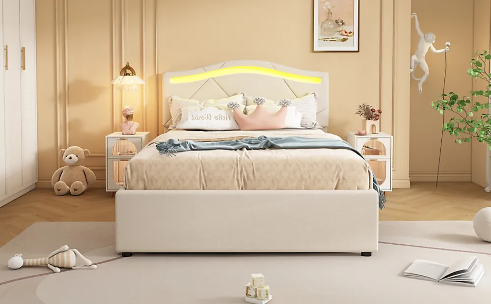 Lit rembourré 90x200cm beige avec télécommande LED, tête réglable et 2 tiroirs, style minimaliste>Simple Life Hot