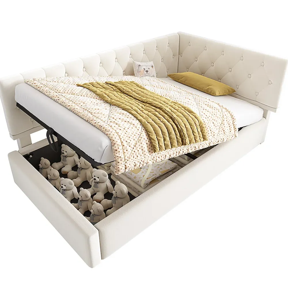 Blackcolors Lit rembourré 90x200cm, canapé-lit, rangement hydraulique, velours beige, sans matelas* Lit Coffre