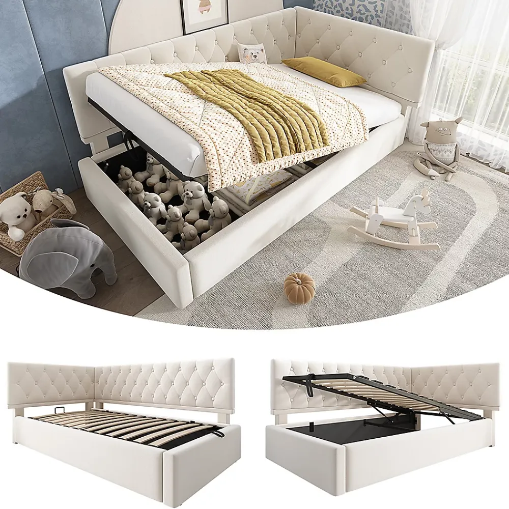 Blackcolors Lit rembourré 90x200cm, canapé-lit, rangement hydraulique, velours beige, sans matelas* Lit Coffre