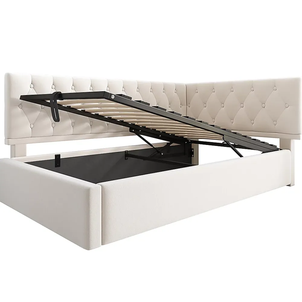 Blackcolors Lit rembourré 90x200cm, canapé-lit, rangement hydraulique, velours beige, sans matelas* Lit Coffre