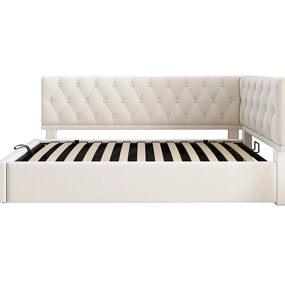 Blackcolors Lit rembourré 90x200cm, canapé-lit, rangement hydraulique, velours beige, sans matelas* Lit Coffre