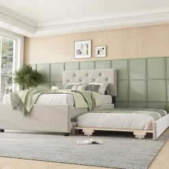 Lit rembourré 90x200cm en velours beige avec sommier, tiroir de rangement, design minimaliste>Simple Life New