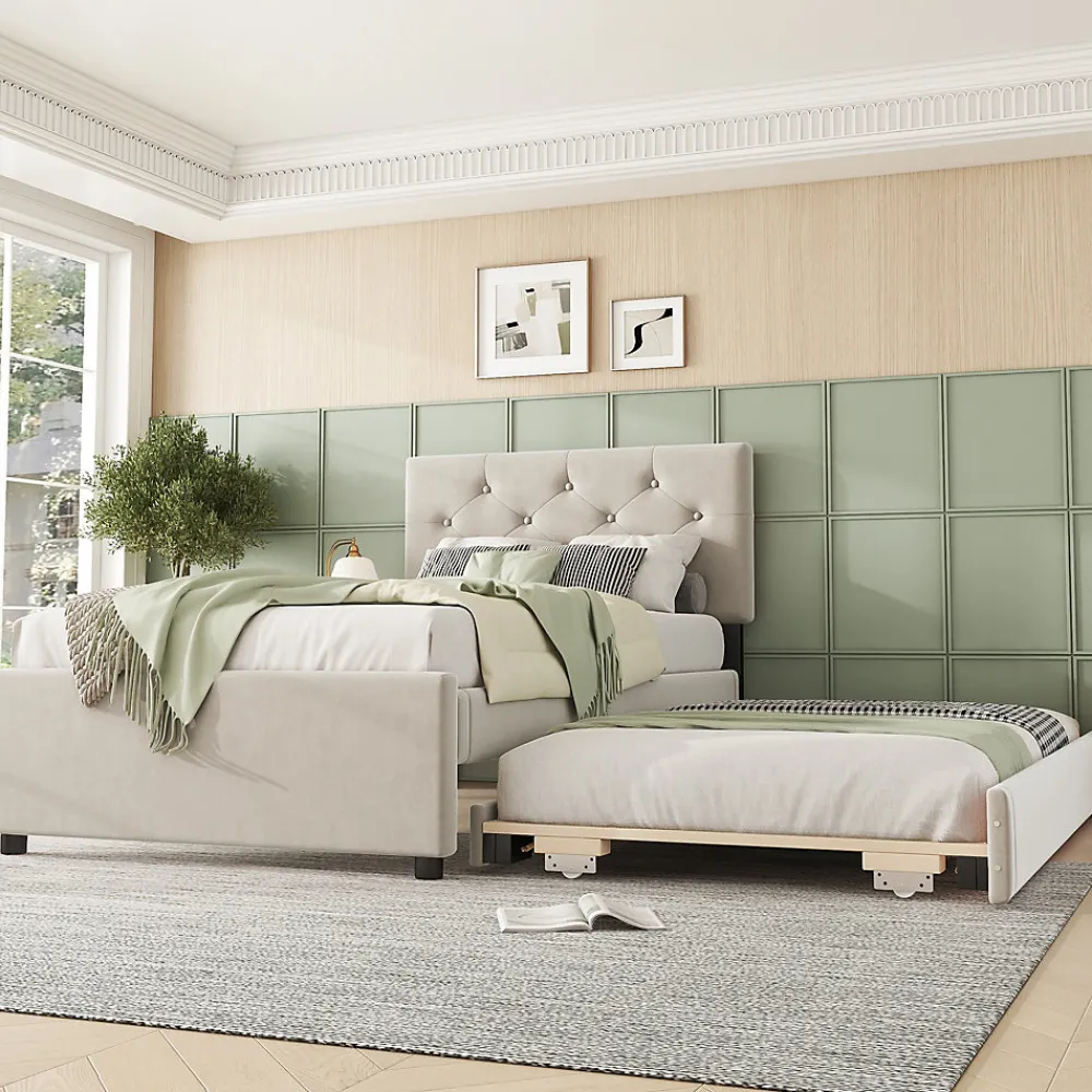 Lit rembourré 90x200cm en velours beige avec sommier, tiroir de rangement, design minimaliste>Simple Life New