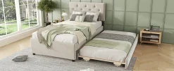 Lit rembourré 90x200cm en velours beige avec sommier, tiroir de rangement, design minimaliste>Simple Life New