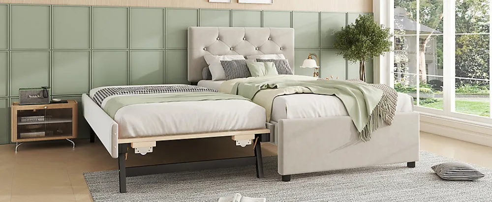 Lit rembourré 90x200cm en velours beige avec sommier, tiroir de rangement, design minimaliste>Simple Life New