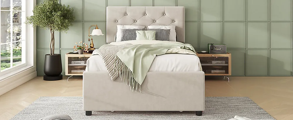 Lit rembourré 90x200cm en velours beige avec sommier, tiroir de rangement, design minimaliste>Simple Life New