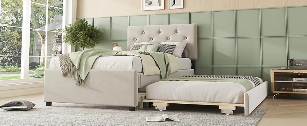Lit rembourré 90x200cm en velours beige avec sommier, tiroir de rangement, design minimaliste>Simple Life New