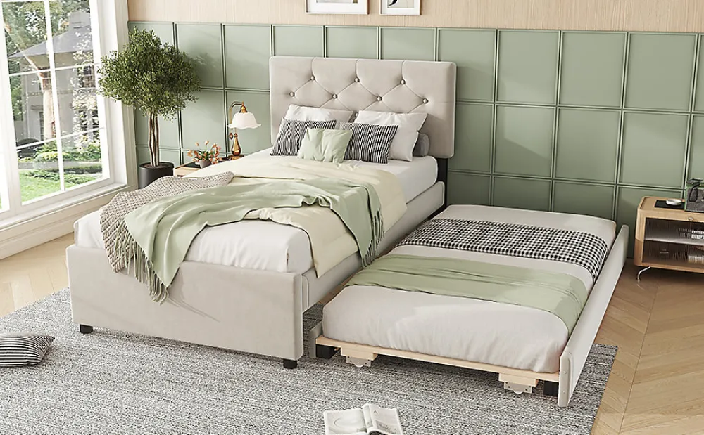 Lit rembourré 90x200cm en velours beige avec sommier, tiroir de rangement, design minimaliste>Simple Life New