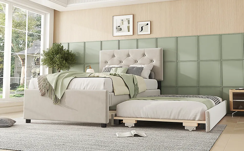 Lit rembourré 90x200cm en velours beige avec sommier, tiroir de rangement, design minimaliste>Simple Life New