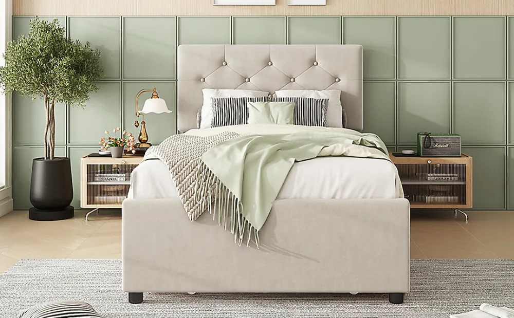 Lit rembourré 90x200cm en velours beige avec sommier, tiroir de rangement, design minimaliste>Simple Life New