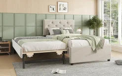 Lit rembourré 90x200cm en velours beige avec sommier, tiroir de rangement, design minimaliste><noscript><img width=