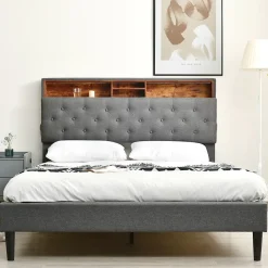 Gutent Lit rembourré 140x200cm espace de rangement tête de lit eclairage led lit cadre à lattes en bois lit double lin gris* Lit Avec Rangement