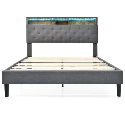 Gutent Lit rembourré 140x200cm espace de rangement tête de lit eclairage led lit cadre à lattes en bois lit double lin gris* Lit Avec Rangement