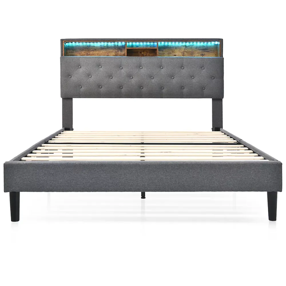 Gutent Lit rembourré 140x200cm espace de rangement tête de lit eclairage led lit cadre à lattes en bois lit double lin gris* Lit Avec Rangement
