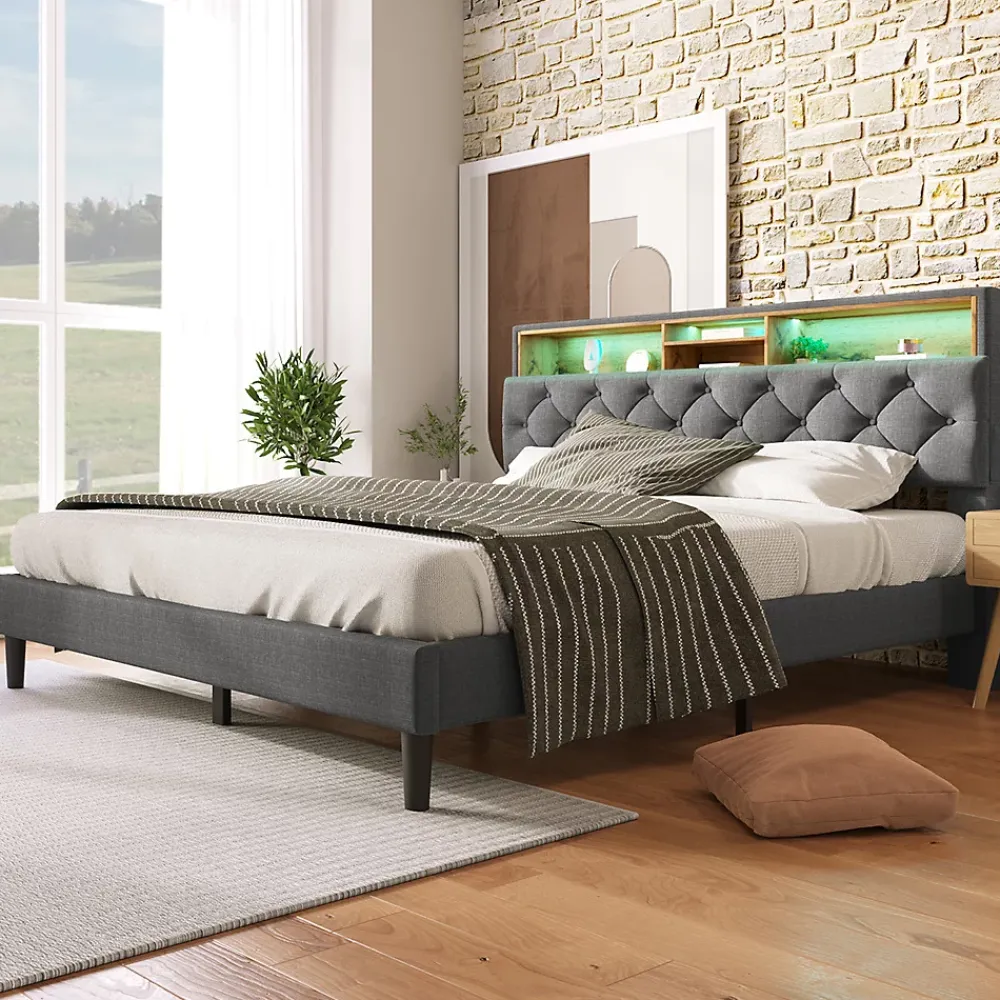 Gutent Lit rembourré 140x200cm espace de rangement tête de lit eclairage led lit cadre à lattes en bois lit double lin gris* Lit Avec Rangement