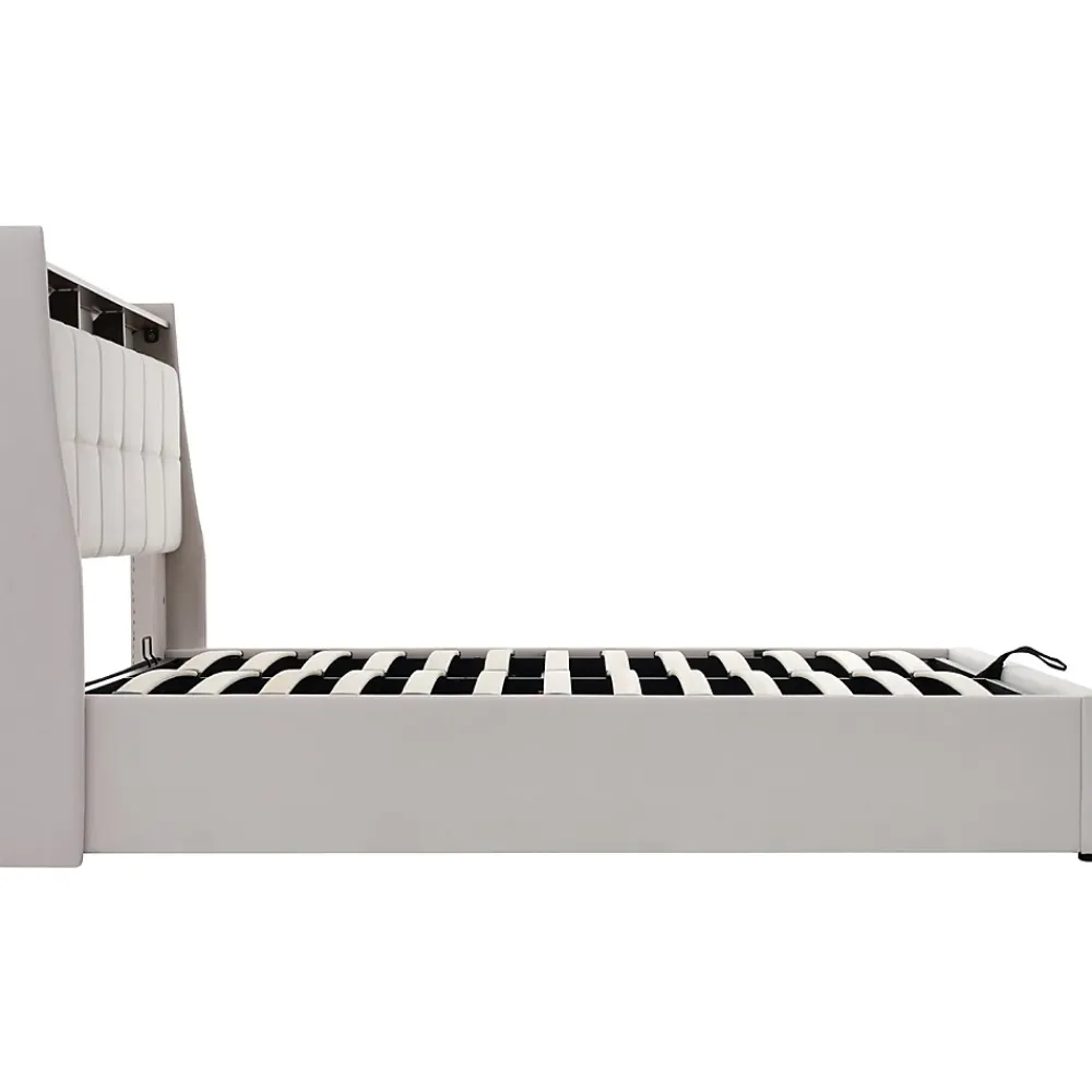 Gutent Lit rembourré 140x200cm, led lit double avec sommier à lattes métalliques, lit jeune, lin, beige (sans matelas)* Lit Avec Rangement