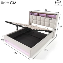 Gutent Lit rembourré 140x200cm, led lit double avec sommier à lattes métalliques, lit jeune, lin, beige (sans matelas)* Lit Avec Rangement