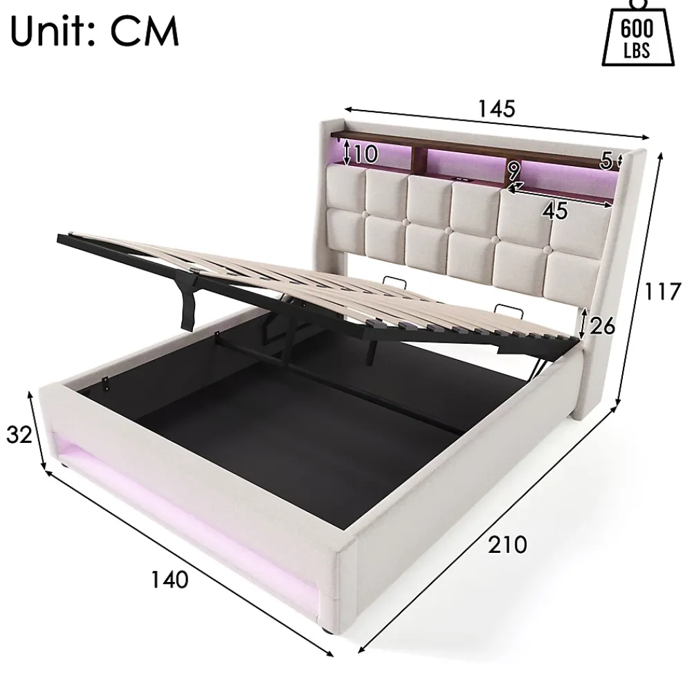 Gutent Lit rembourré 140x200cm, led lit double avec sommier à lattes métalliques, lit jeune, lin, beige (sans matelas)* Lit Avec Rangement