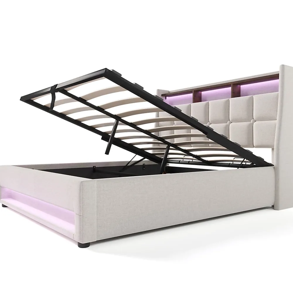 Gutent Lit rembourré 140x200cm, led lit double avec sommier à lattes métalliques, lit jeune, lin, beige (sans matelas)* Lit Avec Rangement