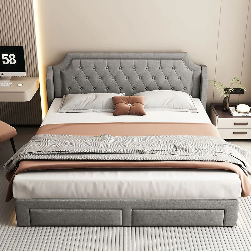 Lit Rembourré 180X200Cm Led Tiroirs Lin Gris>Blackcolors Best