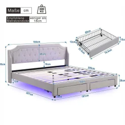 Lit Rembourré 180X200Cm Led Tiroirs Lin Gris><noscript><img width=