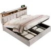 Gutent Lit rembourré 140x200cm, lit avec rangement, lit double avec fonction de recharge USB-C, tête de lit et sommier à lattes,lin,beige* Lit Double