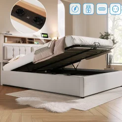Gutent Lit rembourré 140x200cm, lit avec rangement, lit double avec fonction de recharge USB-C, tête de lit et sommier à lattes,lin,beige* Lit Double