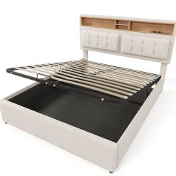 Gutent Lit rembourré 140x200cm, lit avec rangement, lit double avec fonction de recharge USB-C, tête de lit et sommier à lattes,lin,beige* Lit Double