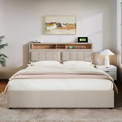 Gutent Lit rembourré 140x200cm, lit avec rangement, lit double avec fonction de recharge USB-C, tête de lit et sommier à lattes,lin,beige* Lit Double
