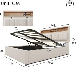 Gutent Lit rembourré 140x200cm, lit avec rangement, lit double avec fonction de recharge USB-C, tête de lit et sommier à lattes,lin,beige* Lit Double