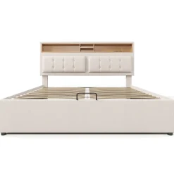Gutent Lit rembourré 140x200cm, lit avec rangement, lit double avec fonction de recharge USB-C, tête de lit et sommier à lattes,lin,beige* Lit Double