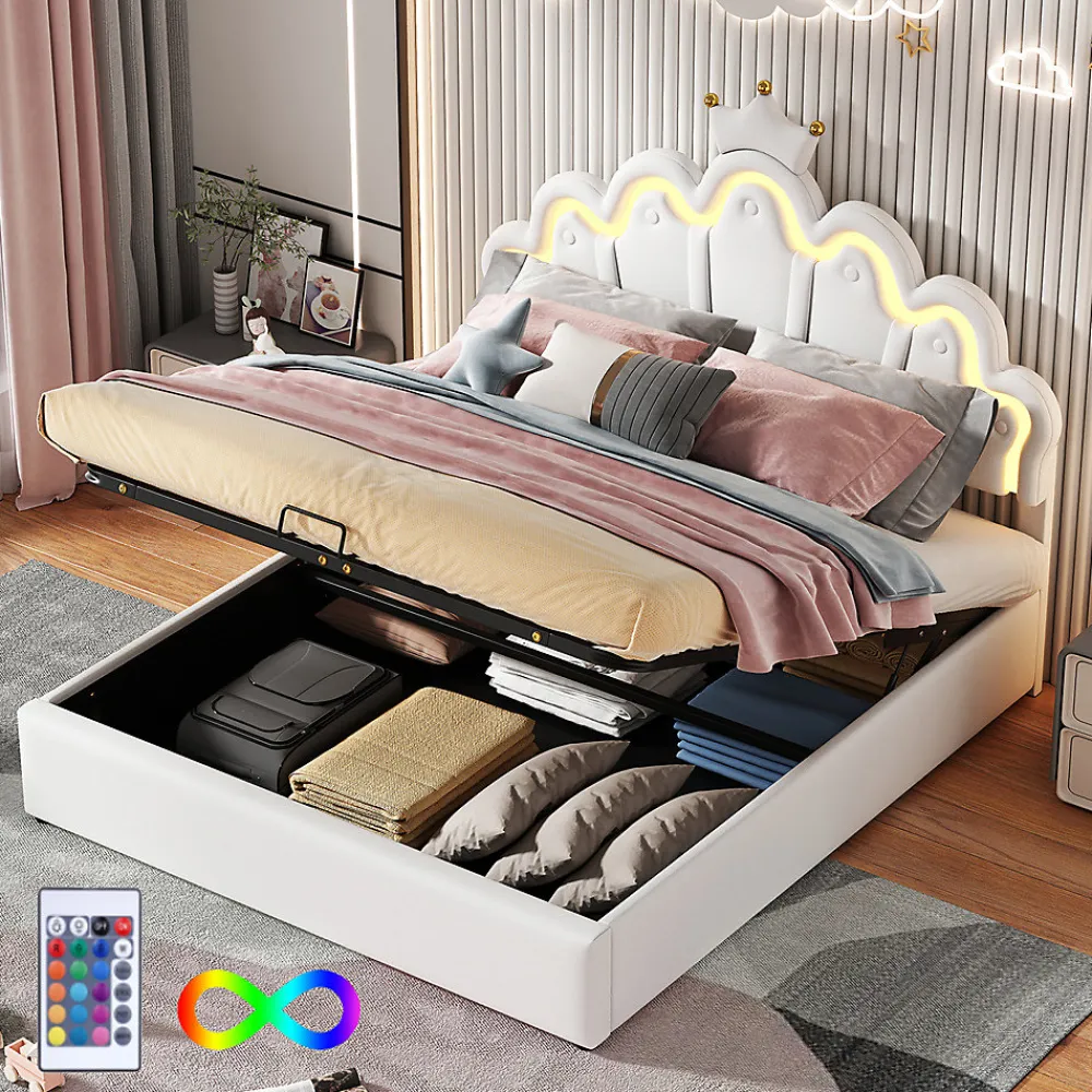 Lit rembourré 140x200cm lit de princesse éclairage d'ambiance réglable lit double pu blanc>Gutent New