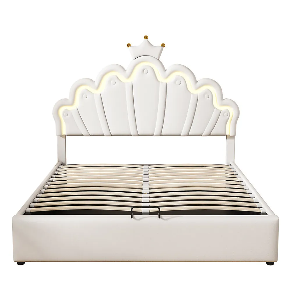 Lit rembourré 140x200cm lit de princesse éclairage d'ambiance réglable lit double pu blanc>Gutent New