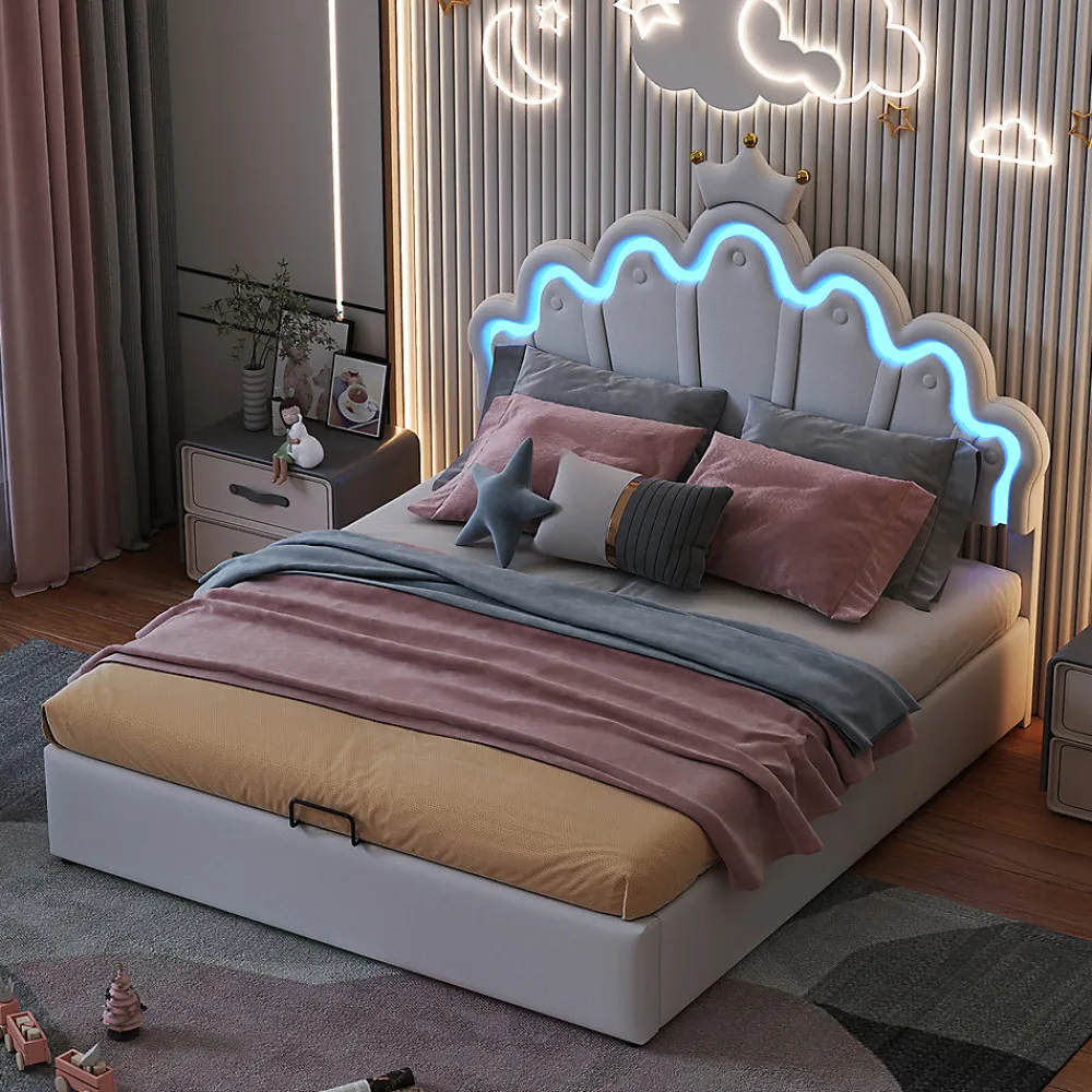 Lit rembourré 140x200cm lit de princesse éclairage d'ambiance réglable lit double pu blanc>Gutent New
