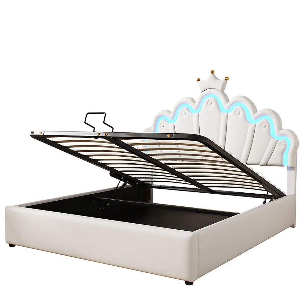 Lit rembourré 140x200cm lit de princesse éclairage d'ambiance réglable lit double pu blanc>Gutent New