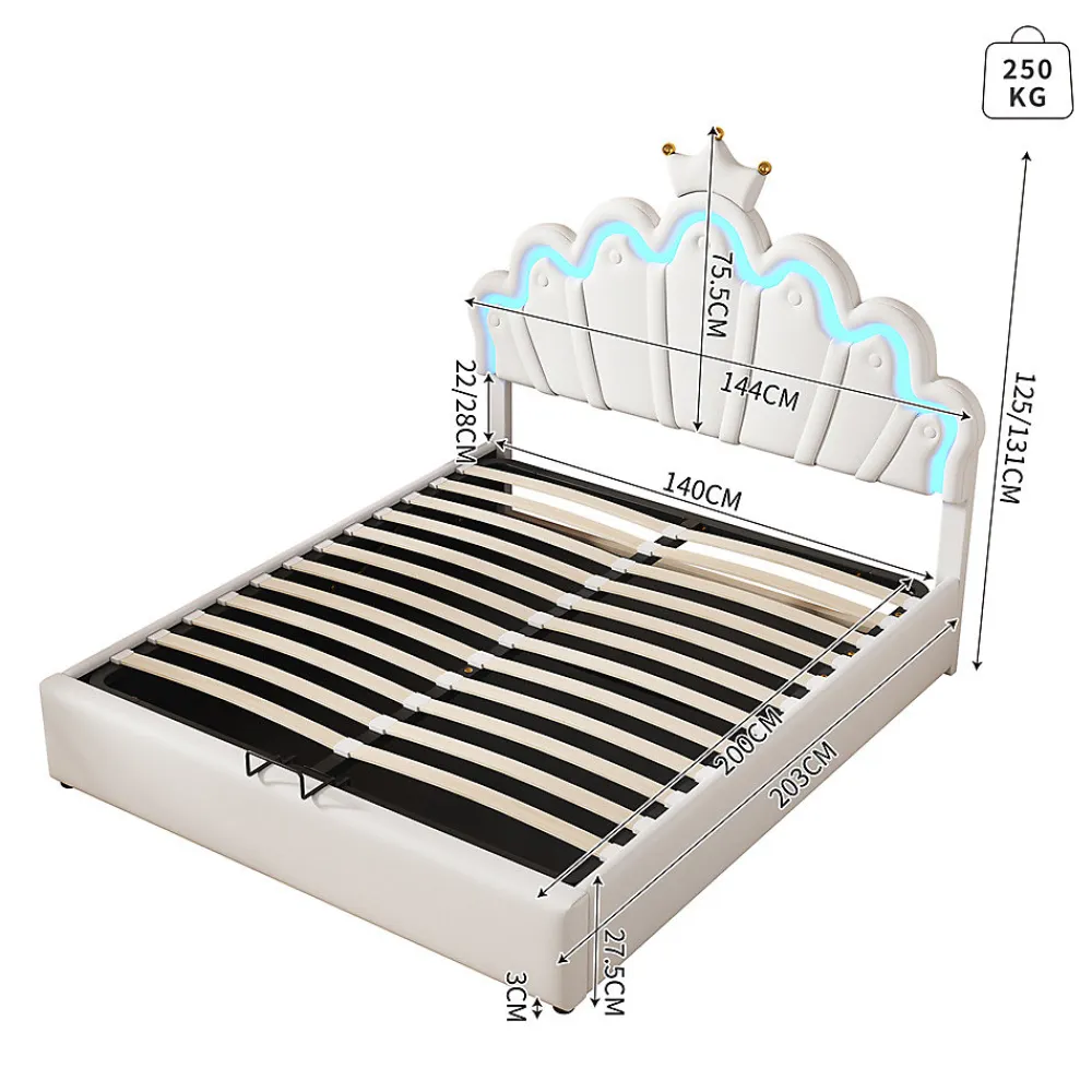 Lit rembourré 140x200cm lit de princesse éclairage d'ambiance réglable lit double pu blanc>Gutent New