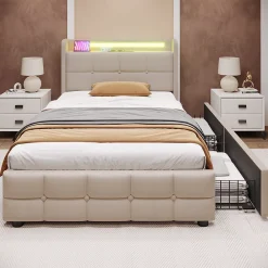 Lit rembourré 90x200cm lit de rangement lit 2 tiroirs lit éclairage led lit sommier à lattes en bois Single lin beige>Gutent Clearance