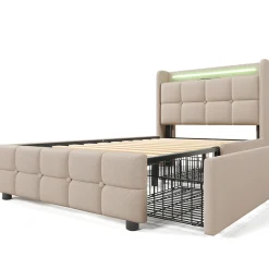 Lit rembourré 90x200cm lit de rangement lit 2 tiroirs lit éclairage led lit sommier à lattes en bois Single lin beige><noscript><img width=