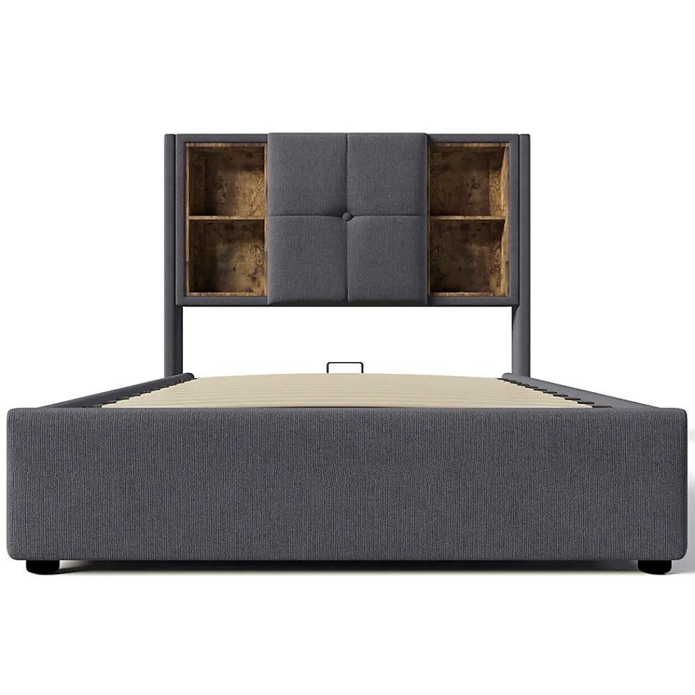 Gutent Lit rembourré 90x200cm lit de rangement lit sommier à lattes en bois avec chargement sans fil usb c Single coton gris* Lit Avec Rangement