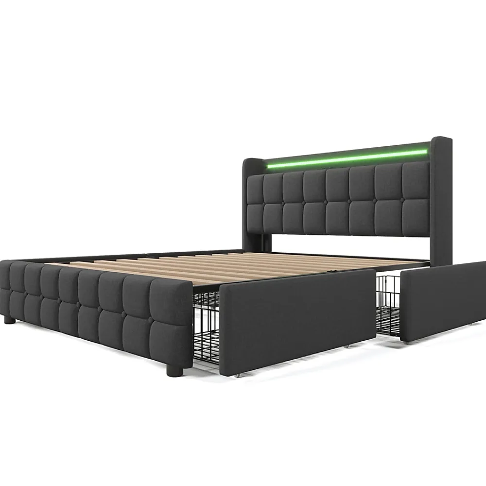 Gutent Lit rembourré 140x200cm lit de rangement lit 4 tiroirs lit éclairage led lit sommier à lattes en bois lit double lin gris* Lit Avec Rangement