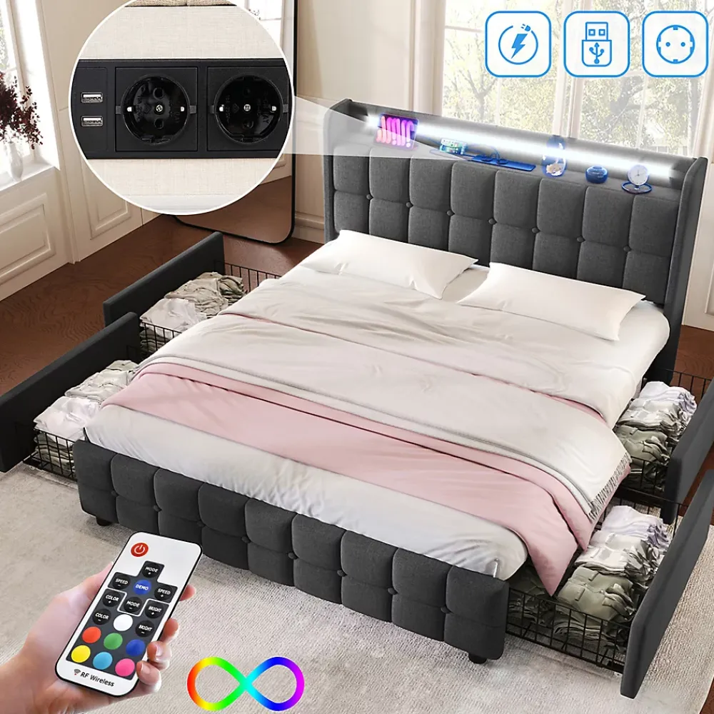 Gutent Lit rembourré 140x200cm lit de rangement lit 4 tiroirs lit éclairage led lit sommier à lattes en bois lit double lin gris* Lit Avec Rangement