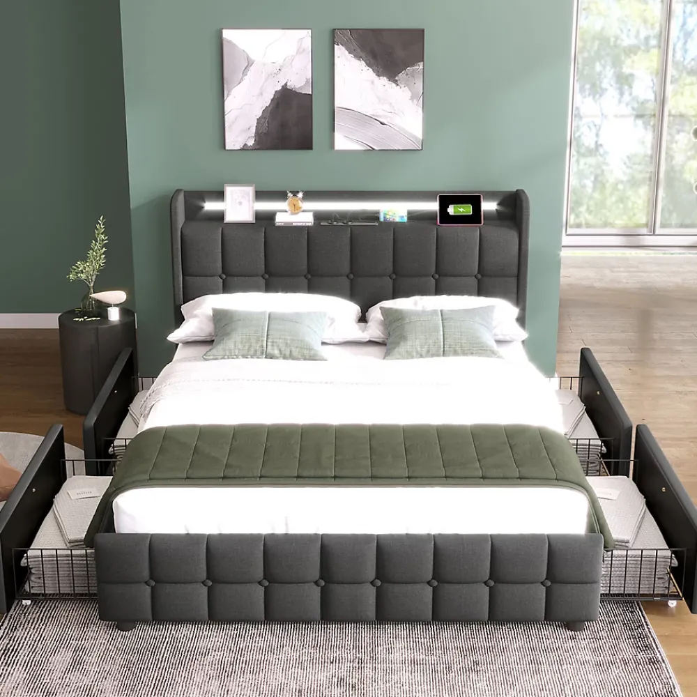 Gutent Lit rembourré 140x200cm lit de rangement lit 4 tiroirs lit éclairage led lit sommier à lattes en bois lit double lin gris* Lit Avec Rangement