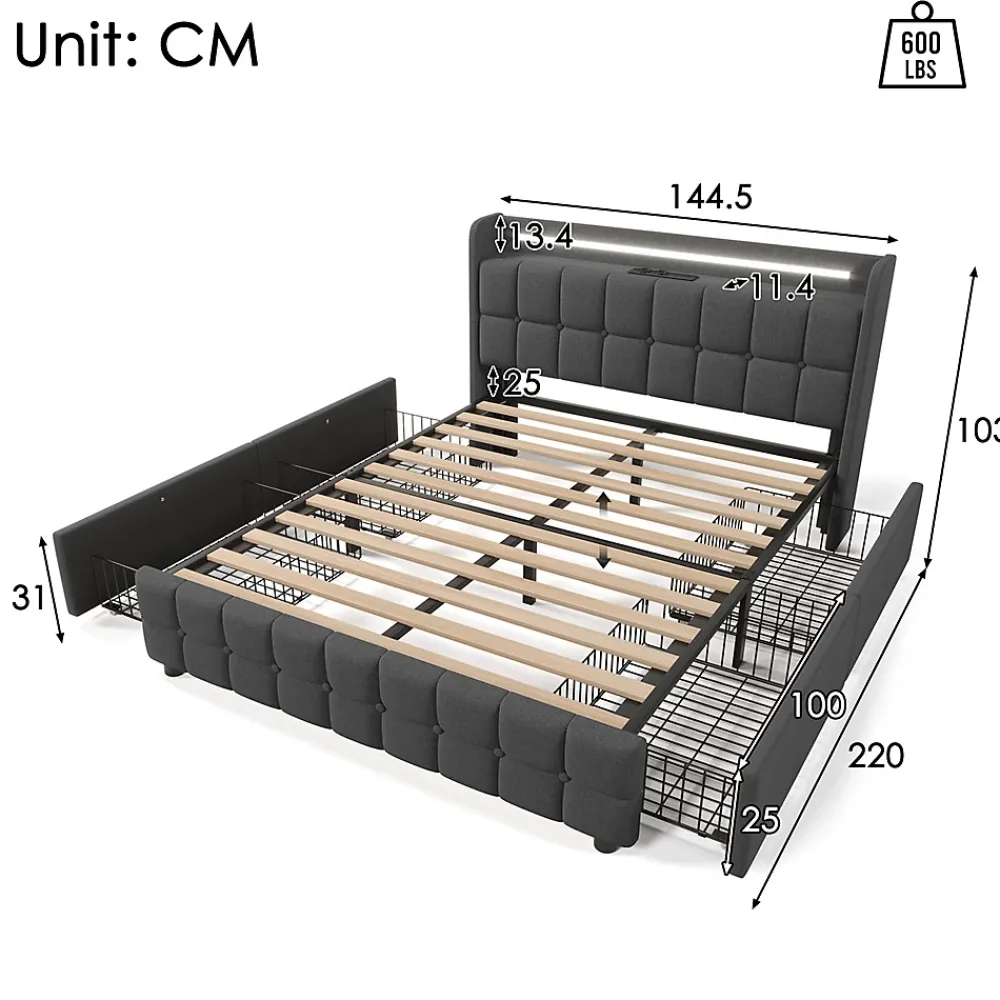 Gutent Lit rembourré 140x200cm lit de rangement lit 4 tiroirs lit éclairage led lit sommier à lattes en bois lit double lin gris* Lit Avec Rangement