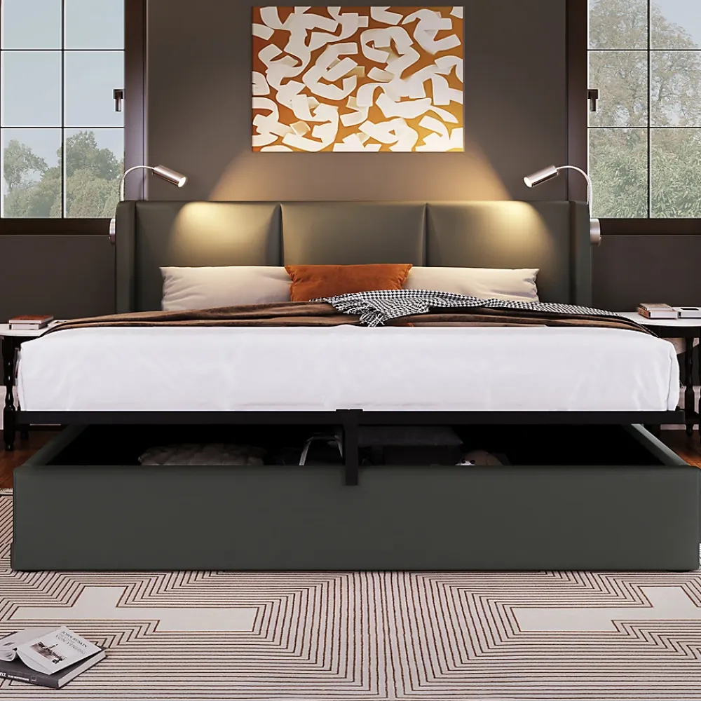 Gutent lit rembourré 160x200cm lit de rangement lit lampe de lecture lit tête de lit avec fonction de chargement usb lit double pu gris* Lit Avec Rangement