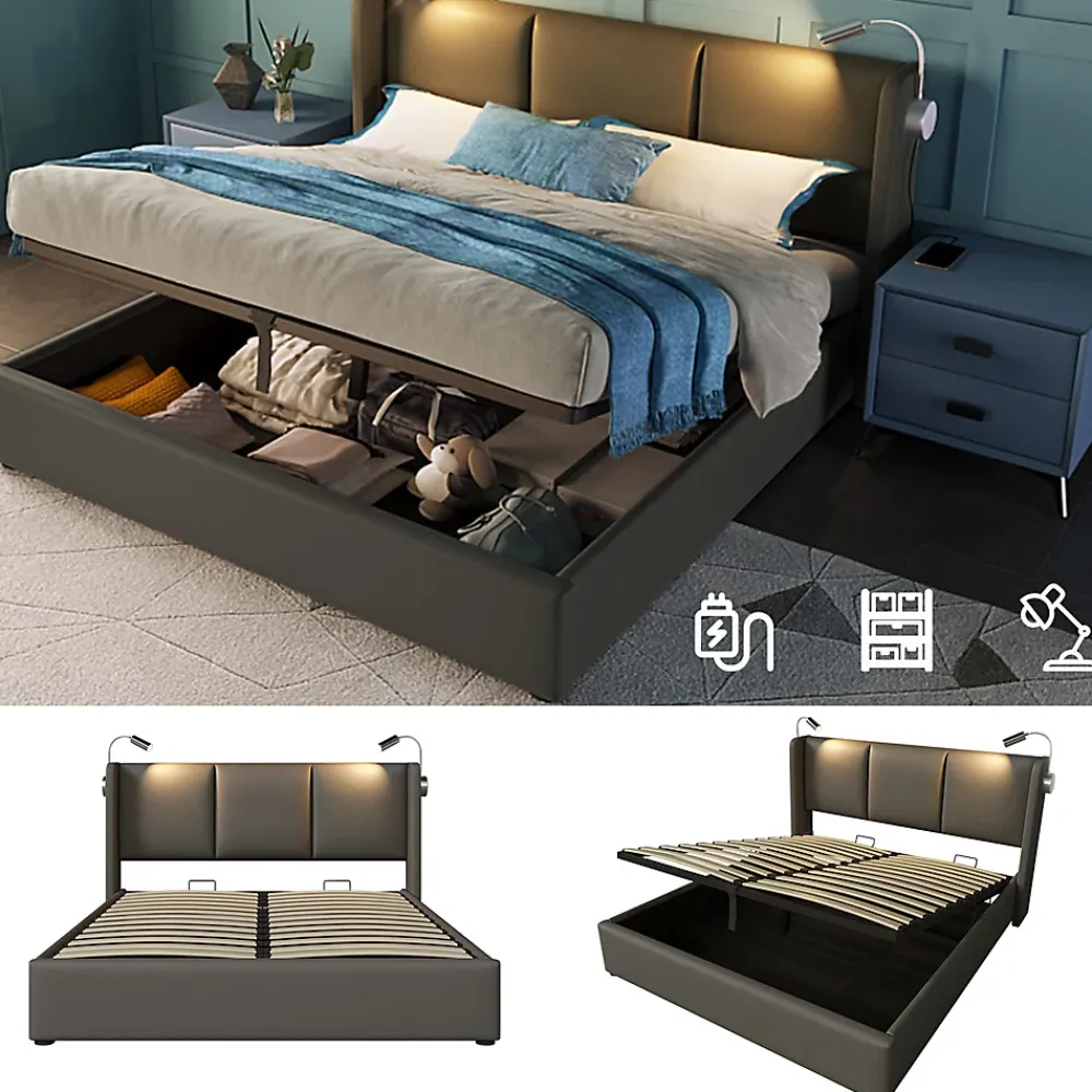 Gutent lit rembourré 160x200cm lit de rangement lit lampe de lecture lit tête de lit avec fonction de chargement usb lit double pu gris* Lit Avec Rangement