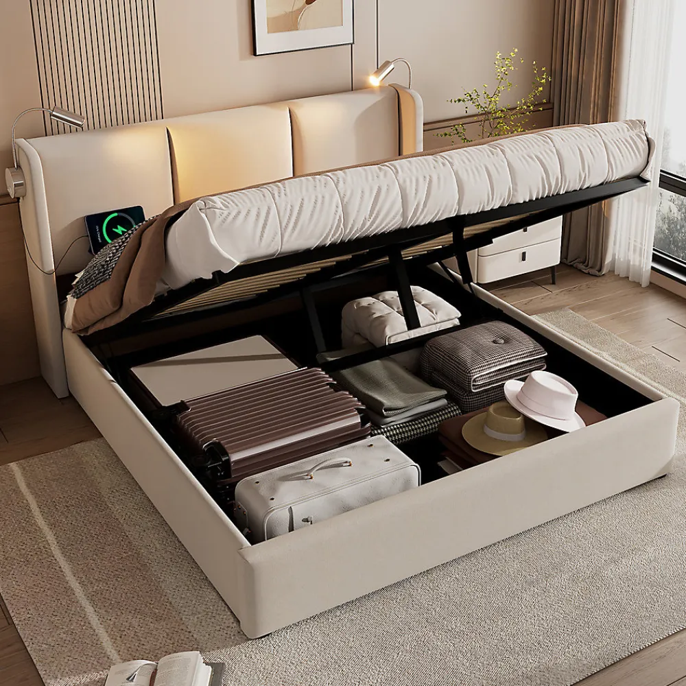Lit rembourré 160x200cm lit de rangement lit lampe de lecture lit tête de lit avec fonction de chargement usb lit double lin beige>Gutent Discount