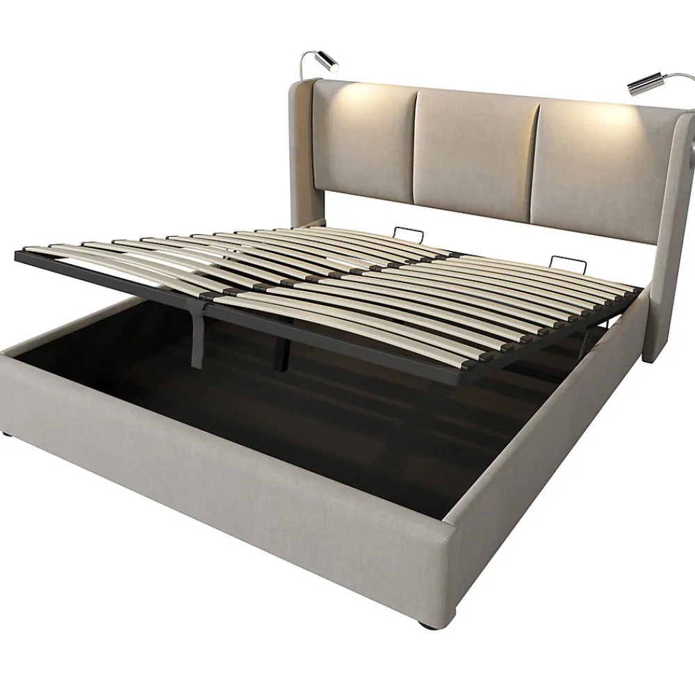 Lit rembourré 160x200cm lit de rangement lit lampe de lecture lit tête de lit avec fonction de chargement usb lit double lin beige>Gutent Discount